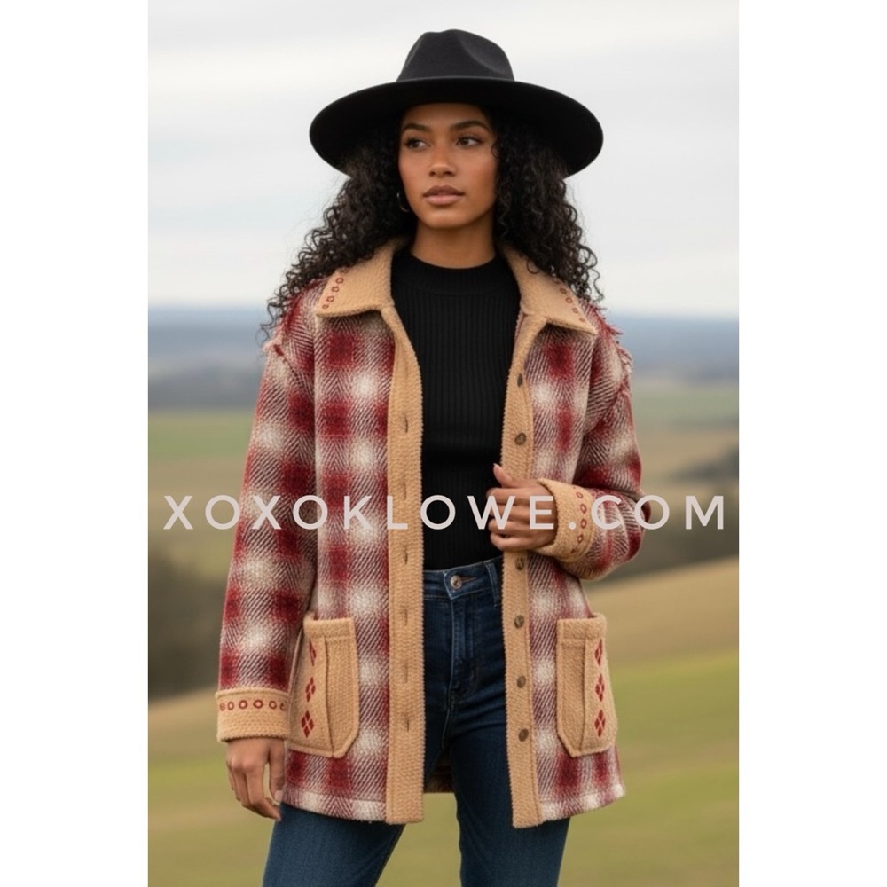 POL Red Plaid Jacket | Sherpa Trim Oversized Western